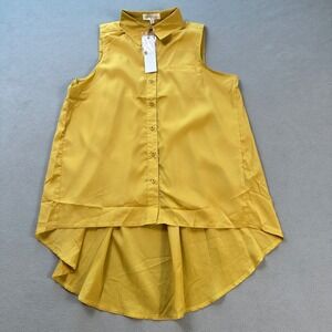 Lovelygirl Button Up Shirt Top L Mustard Yellow Sleeveless High Low Pleated NWT
